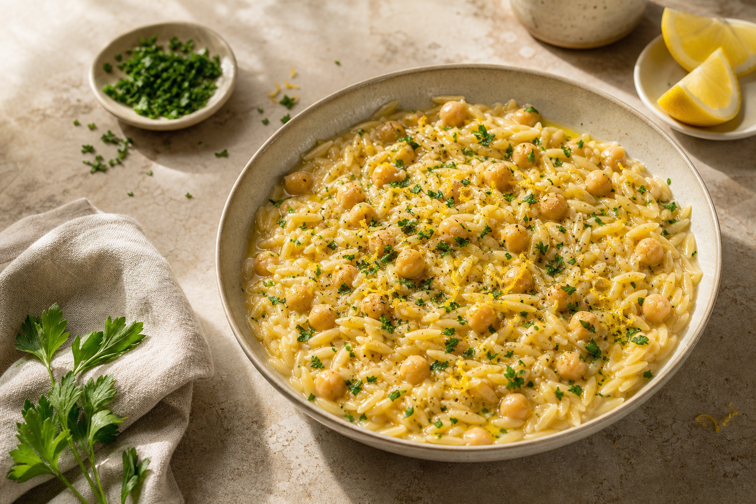 Finished creamy lemon chickpea orzo