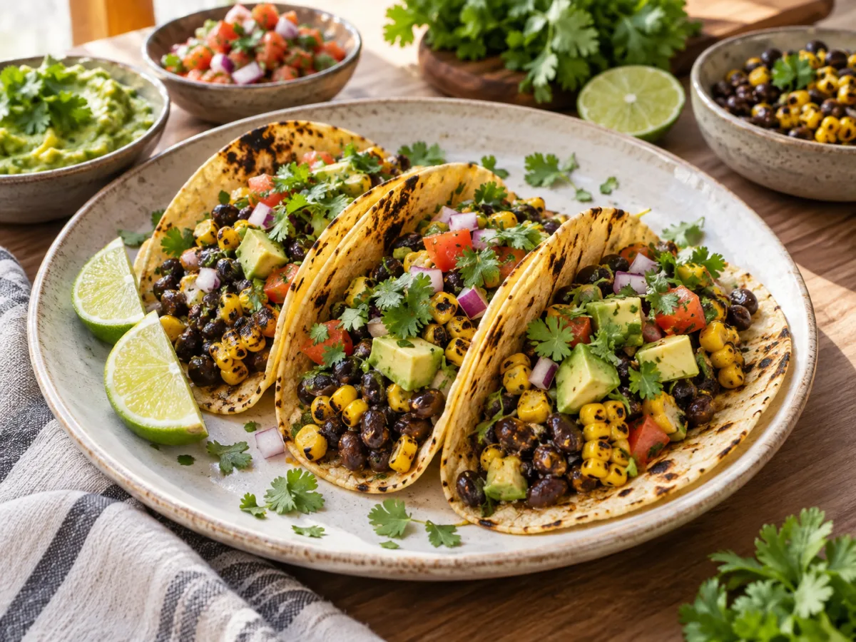Air Fried Vegan Mexican Black Bean Charred Corn Tacos