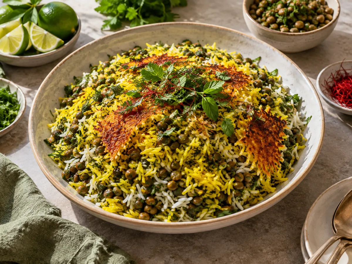 Air Fried Vegan Persian Herb Lentil Lime Saffron Rice Plates