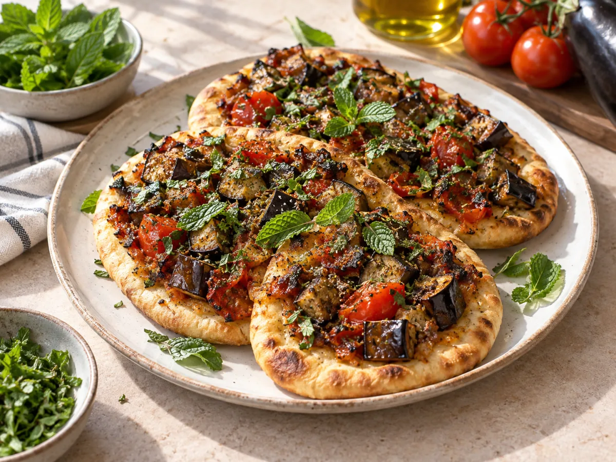 Air Fried Vegan Turkish Eggplant Tomato Mint Flatbreads