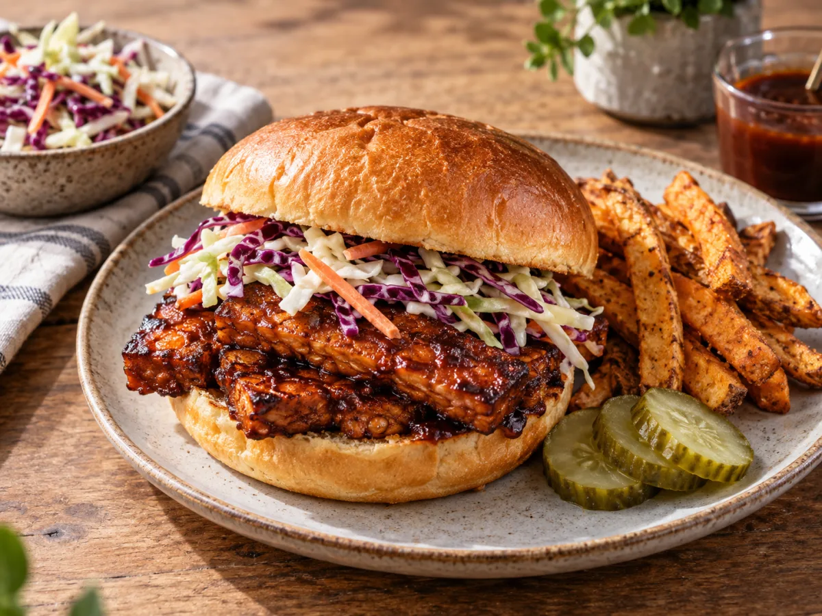 American Smoky Maple BBQ Tempeh Sandwich served and ready to eat