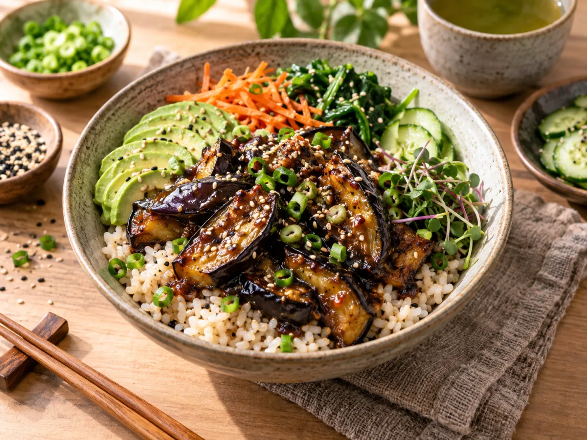 Baked Vegan Japanese Miso Eggplant Sesame Rice Bowls