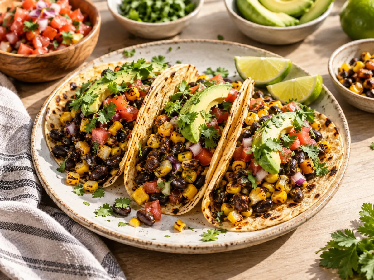 Baked Vegan Mexican Black Bean Charred Corn Tacos