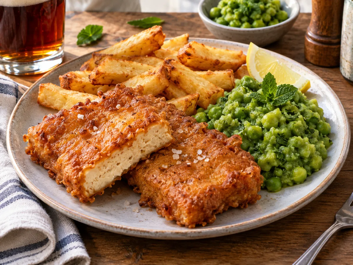 British Beer-Battered Tofu & Mushy Peas