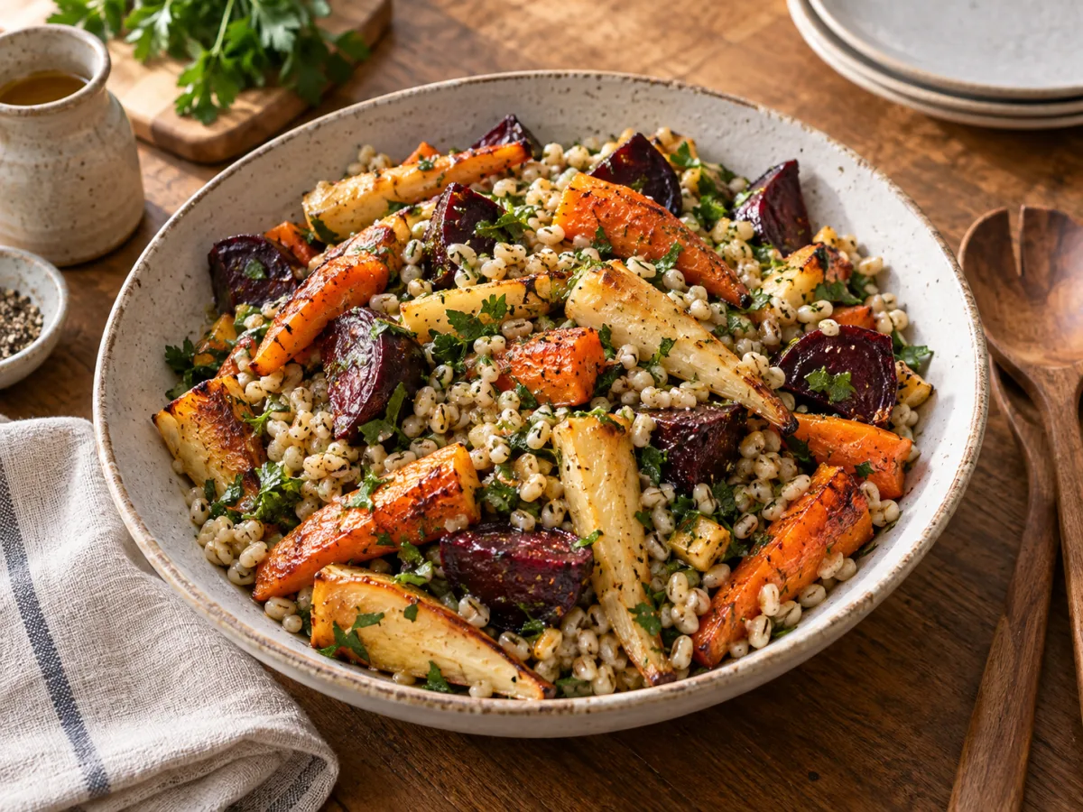 British Roasted Root Vegetable & Pearl Barley Salad