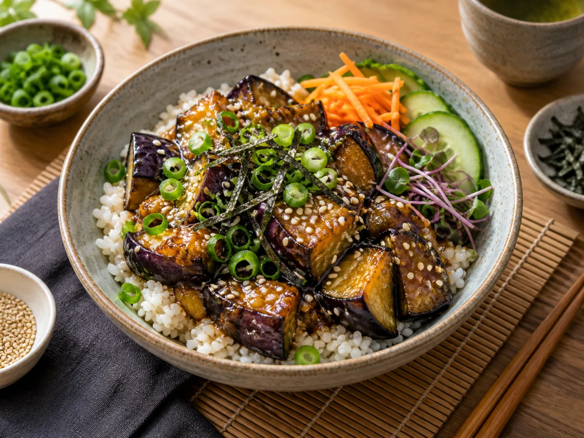 Broasted Style Vegan Japanese Miso Eggplant Sesame Rice Bowls