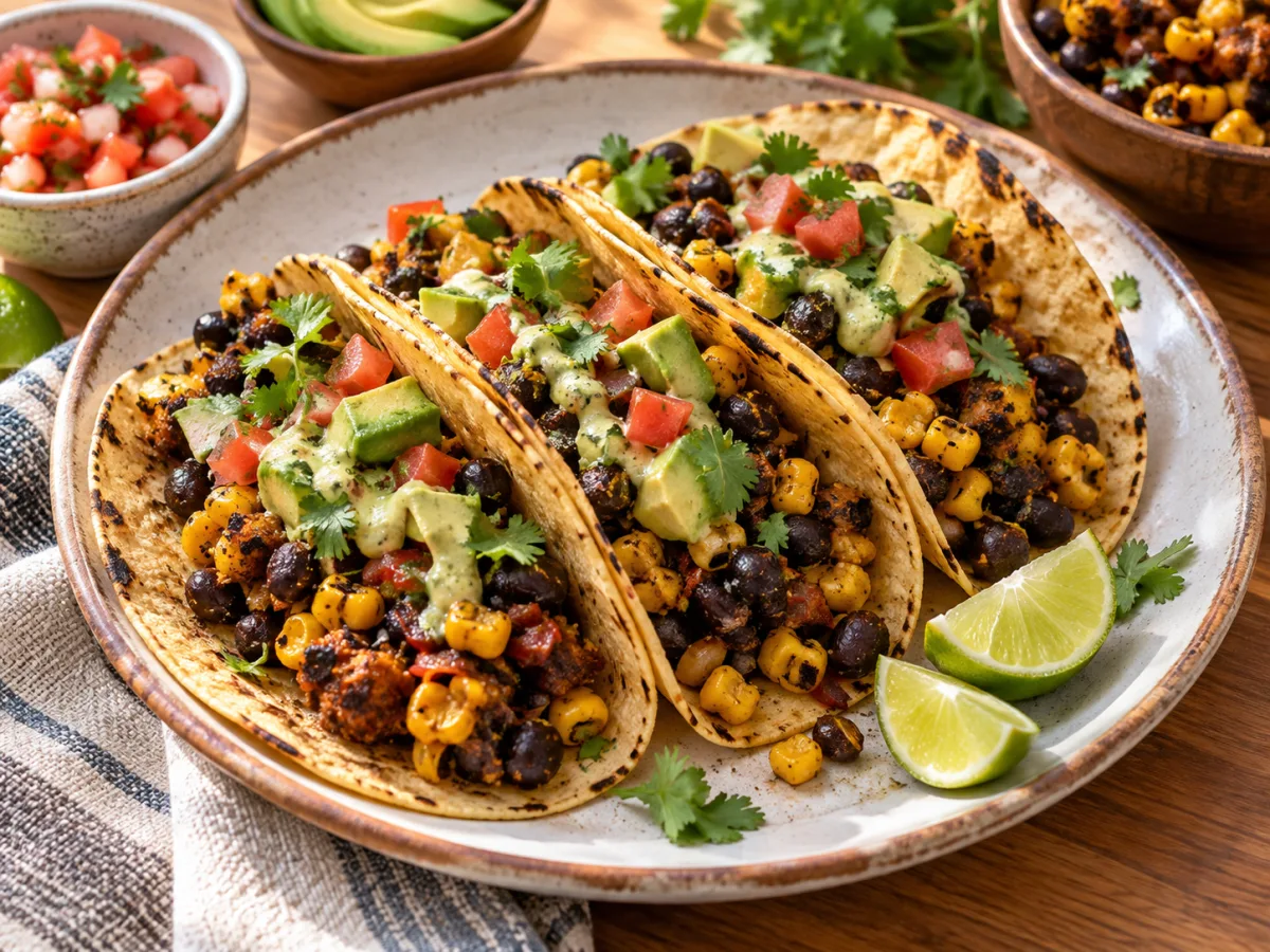 Broasted Style Vegan Mexican Black Bean Charred Corn Tacos