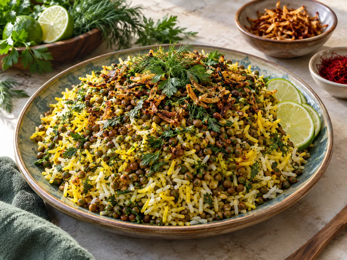 Broasted Style Vegan Persian Herb Lentil Lime Saffron Rice Plates