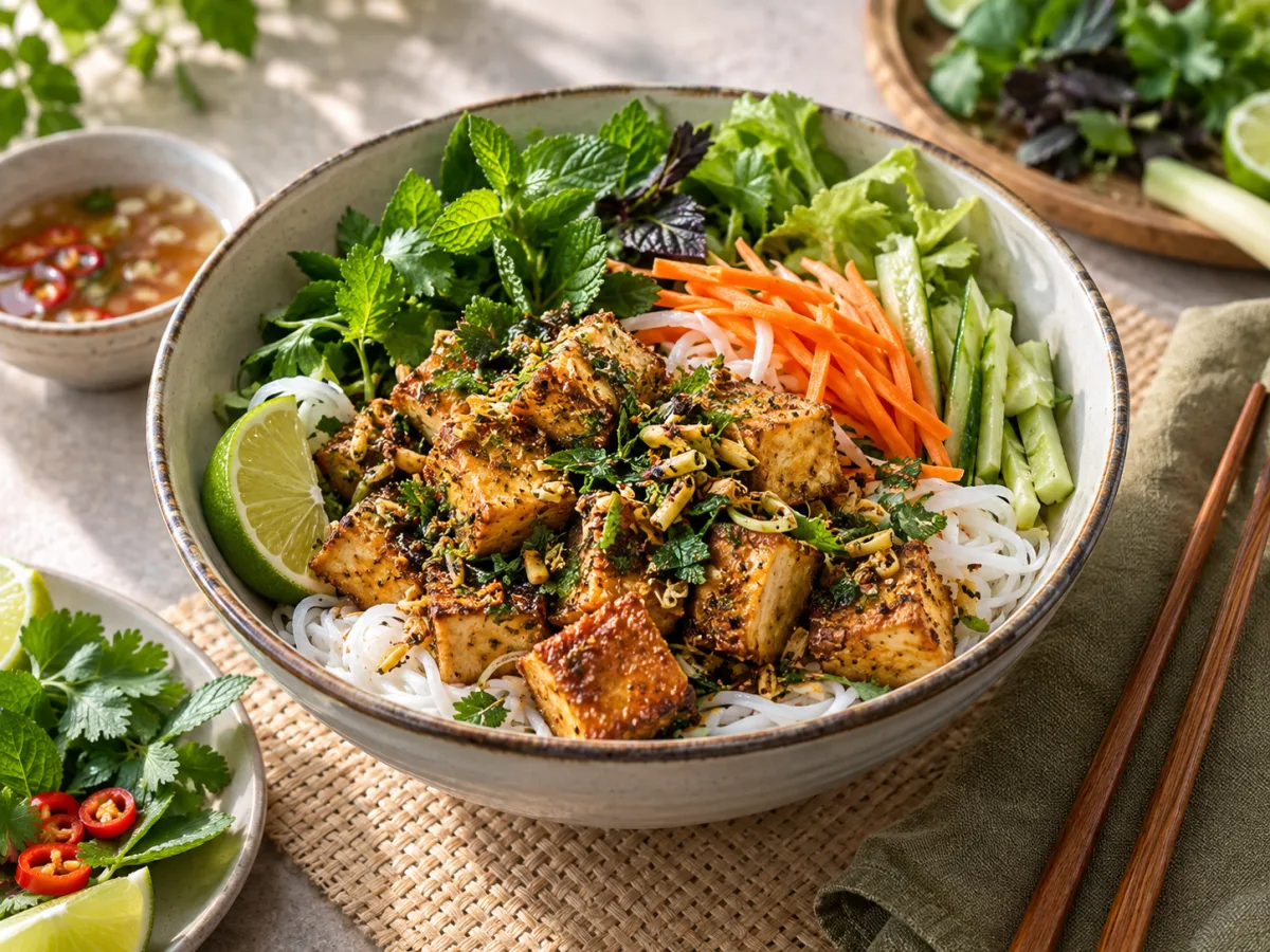 Broasted Style Vegan Vietnamese Lemongrass Tofu Herb Lime Noodle Bowls