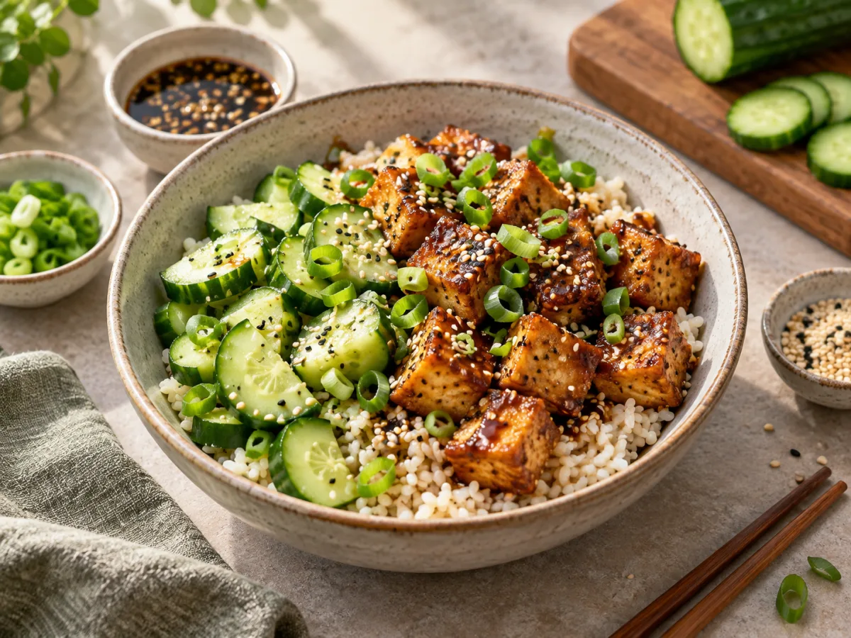 Crispy Sesame Tofu Cucumber Rice Bowls