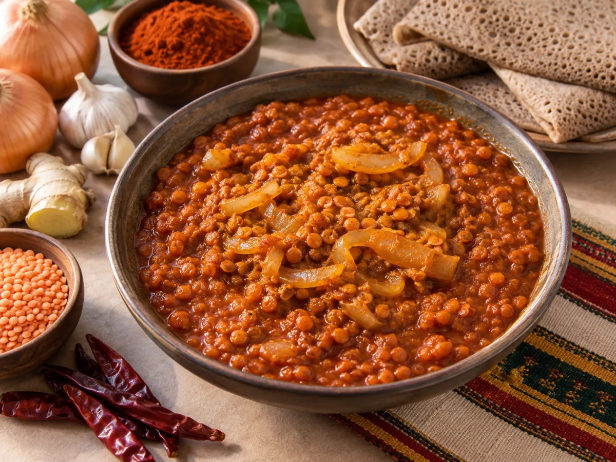 Ethiopian Berbere Spiced Red Lentil Stew (Misir Wot) served and ready to eat