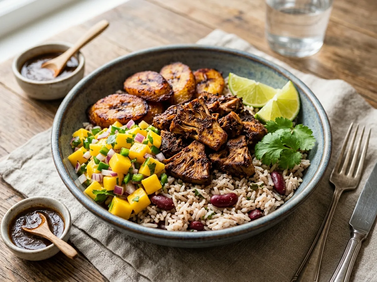 Fried Vegan Caribbean Jackfruit Jerk Rice Bowls