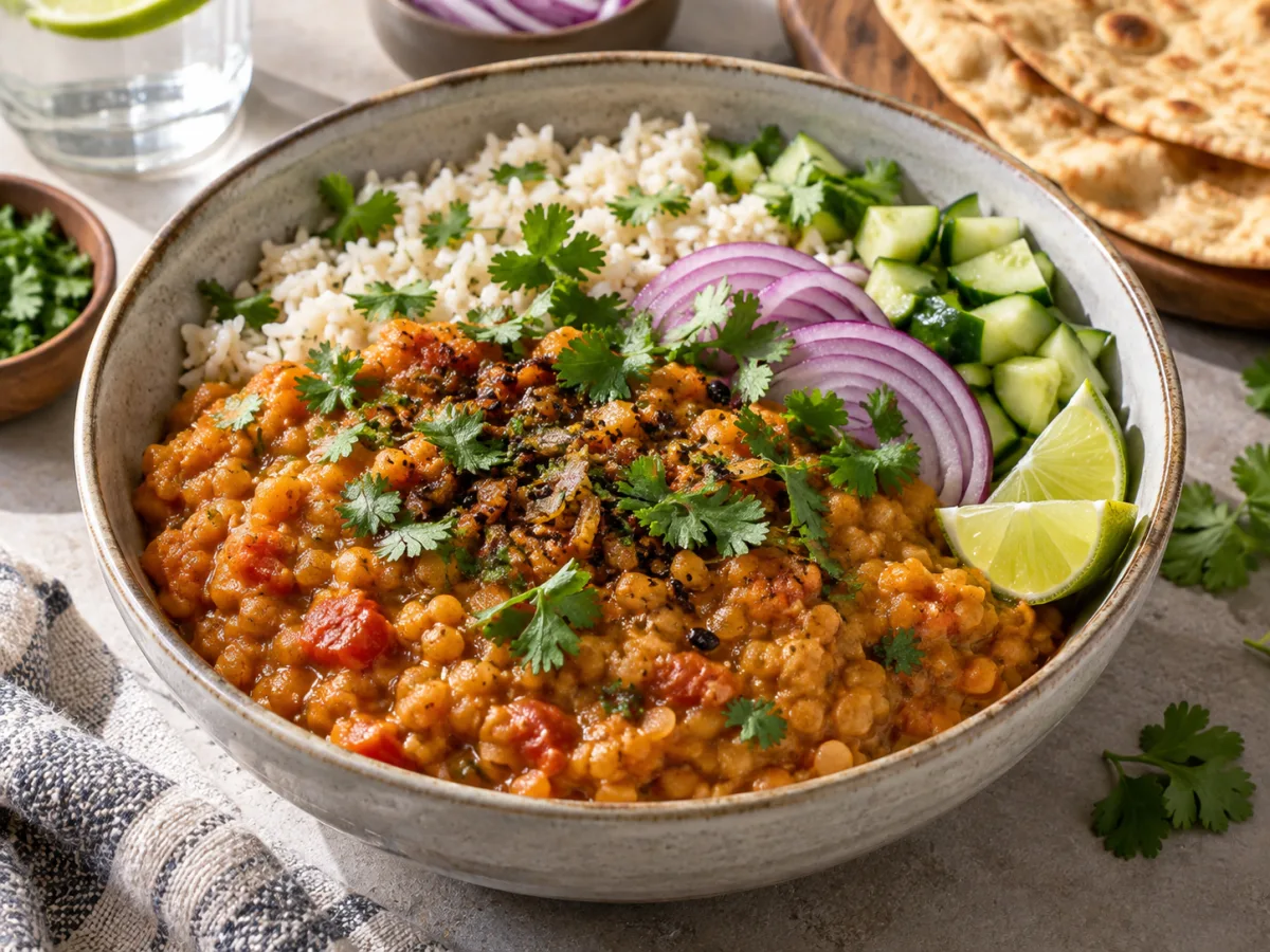 Fried Vegan Indian Red Lentil Masala Dal Bowls