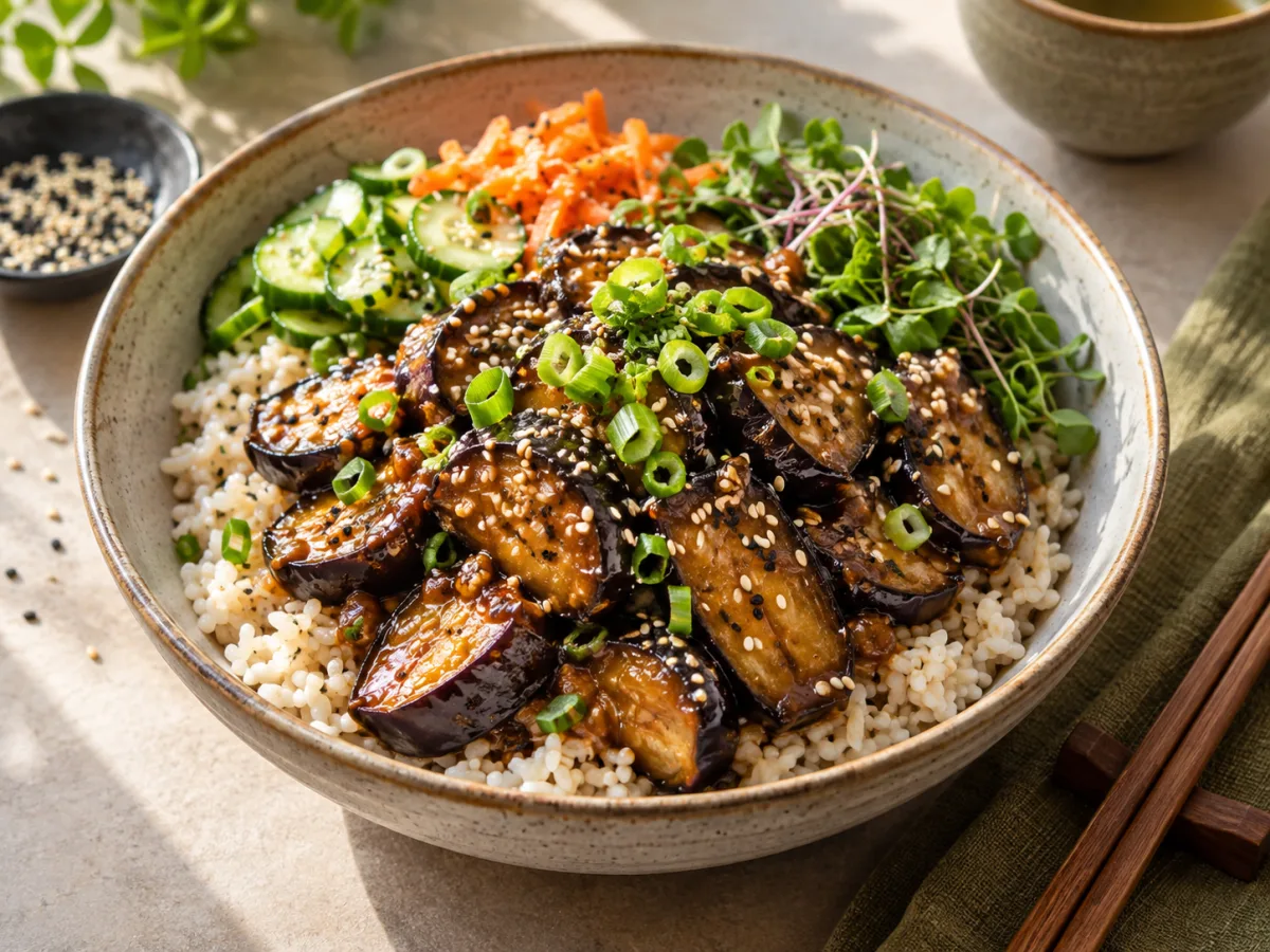Fried Vegan Japanese Miso Eggplant Sesame Rice Bowls