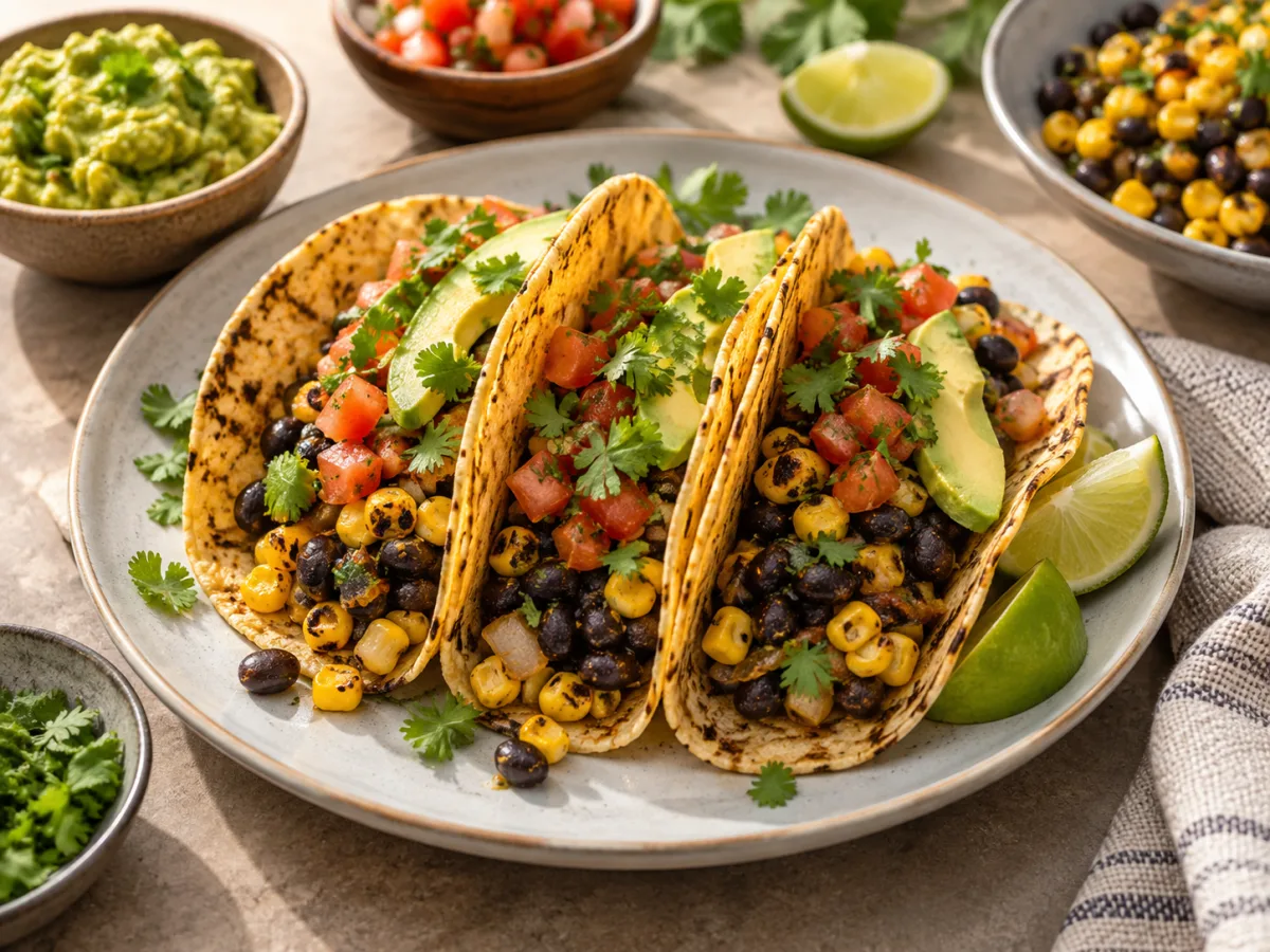 Fried Vegan Mexican Black Bean Charred Corn Tacos