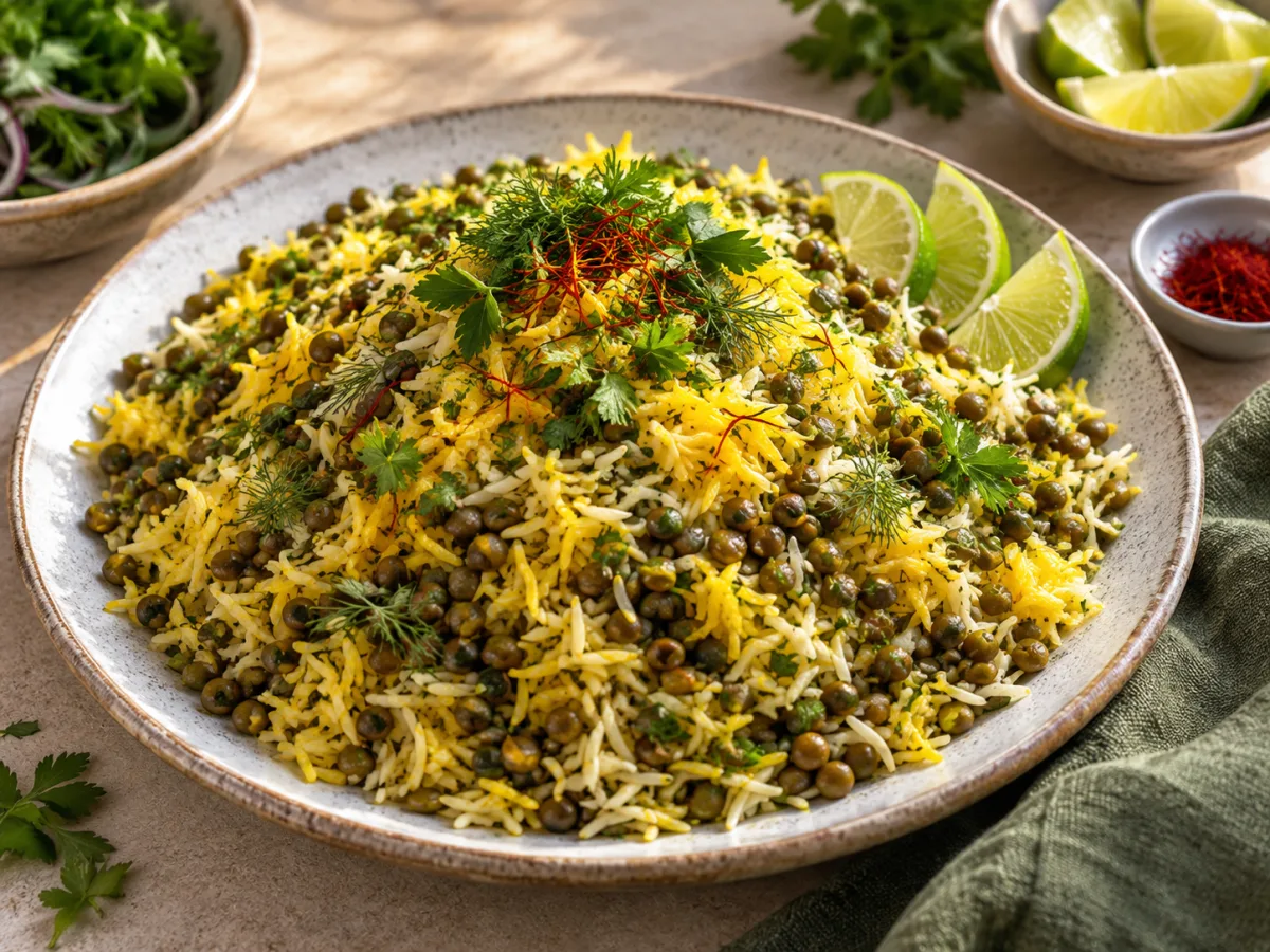 Fried Vegan Persian Herb Lentil Lime Saffron Rice Plates