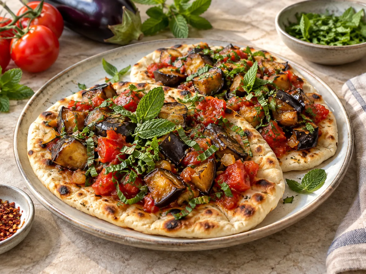 Fried Vegan Turkish Eggplant Tomato Mint Flatbreads