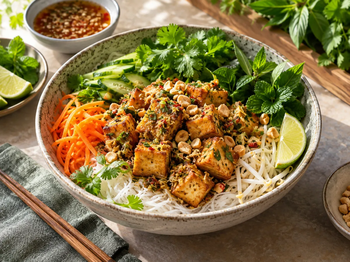 Fried Vegan Vietnamese Lemongrass Tofu Herb Lime Noodle Bowls