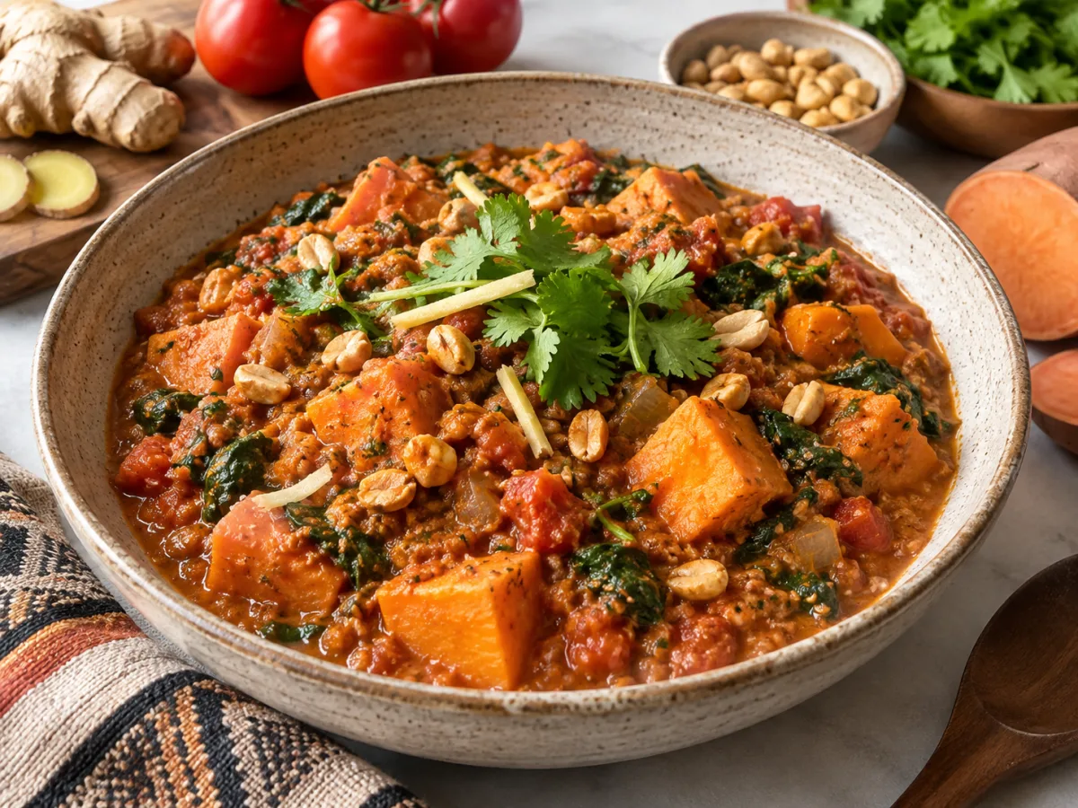 Fried Vegan West African Peanut Sweet Potato Ginger Tomato Stews