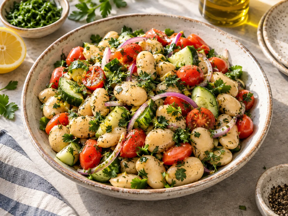 Greek Herby Butter Bean & Tomato Salad served and ready to eat