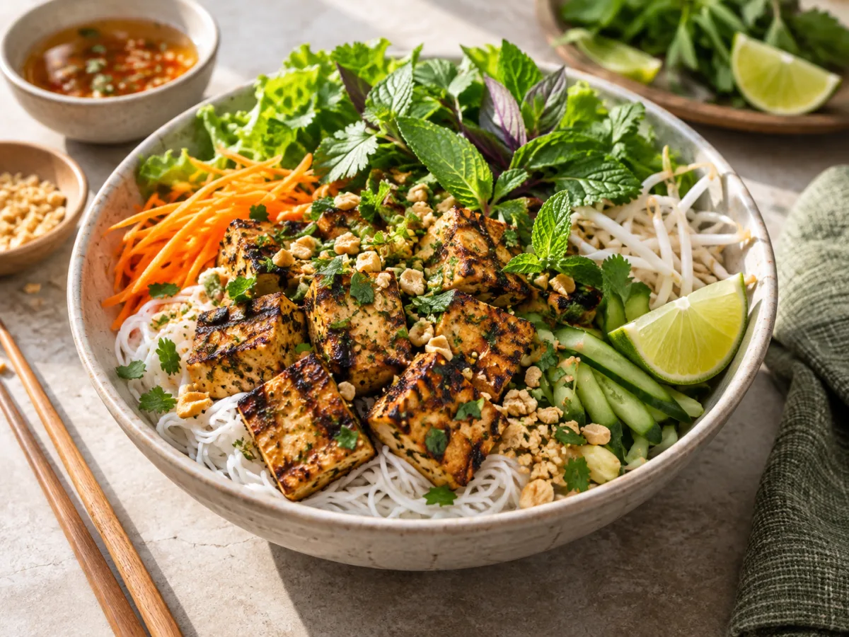 Grilled Vegan Vietnamese Lemongrass Tofu Herb Lime Noodle Bowls
