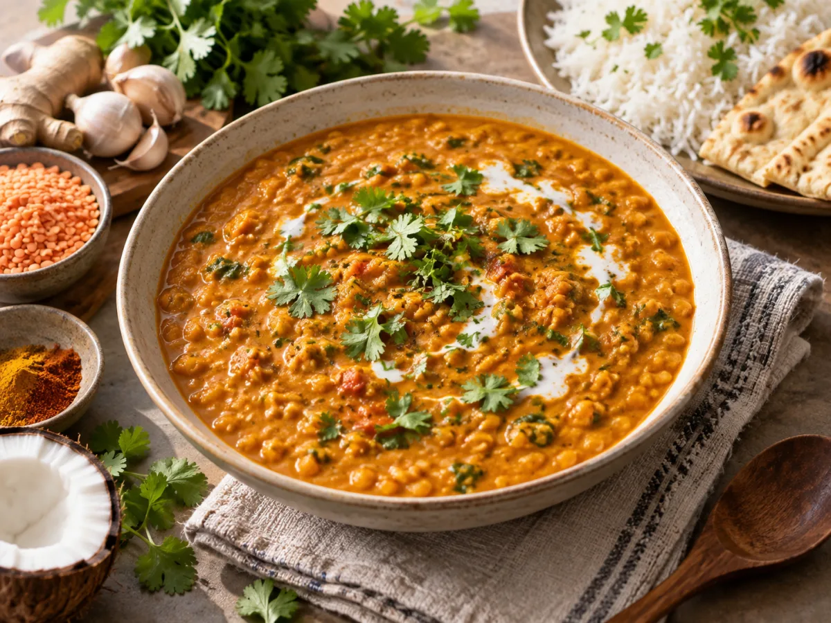 Indian Creamy Coconut Red Lentil Dal served and ready to eat