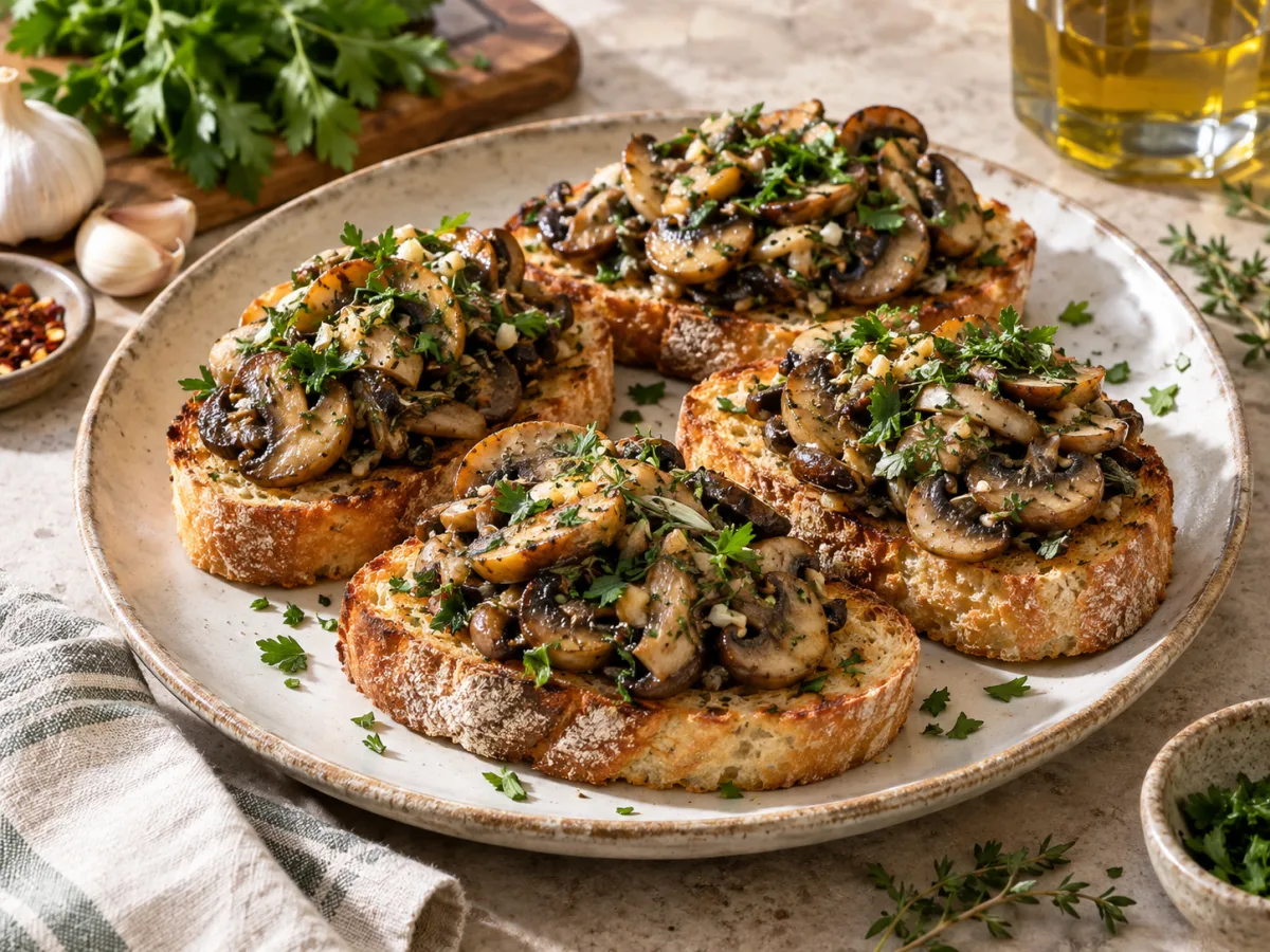 Italian Garlic Herb Mushroom Bruschetta served and ready to eat