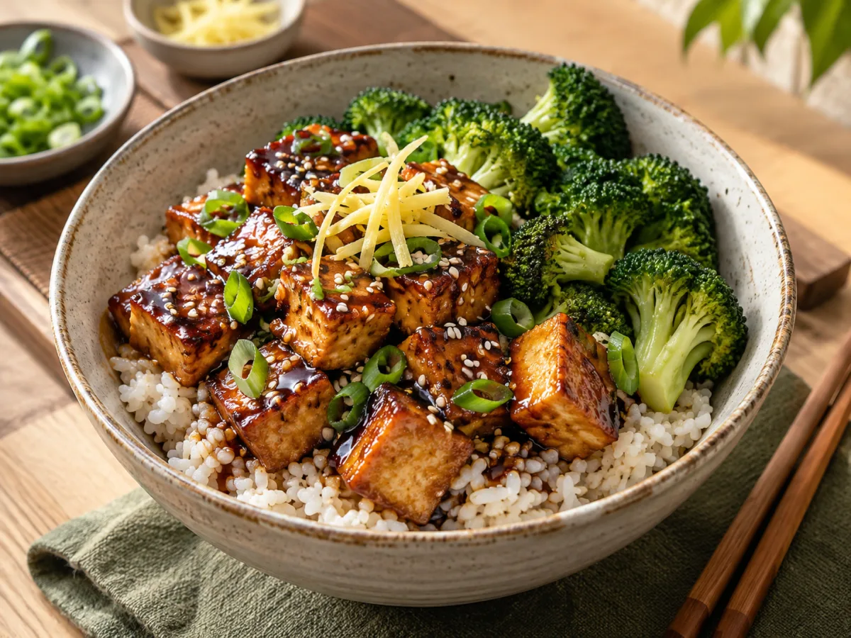 Japanese Ginger Teriyaki Tofu Rice Bowls served and ready to eat