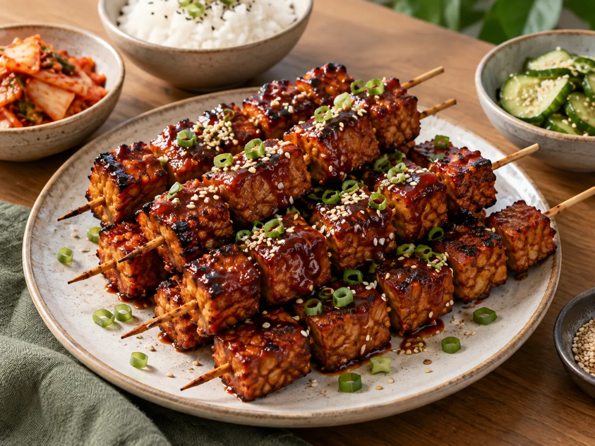 Korean Gochujang Glazed Tempeh Skewers served and ready to eat