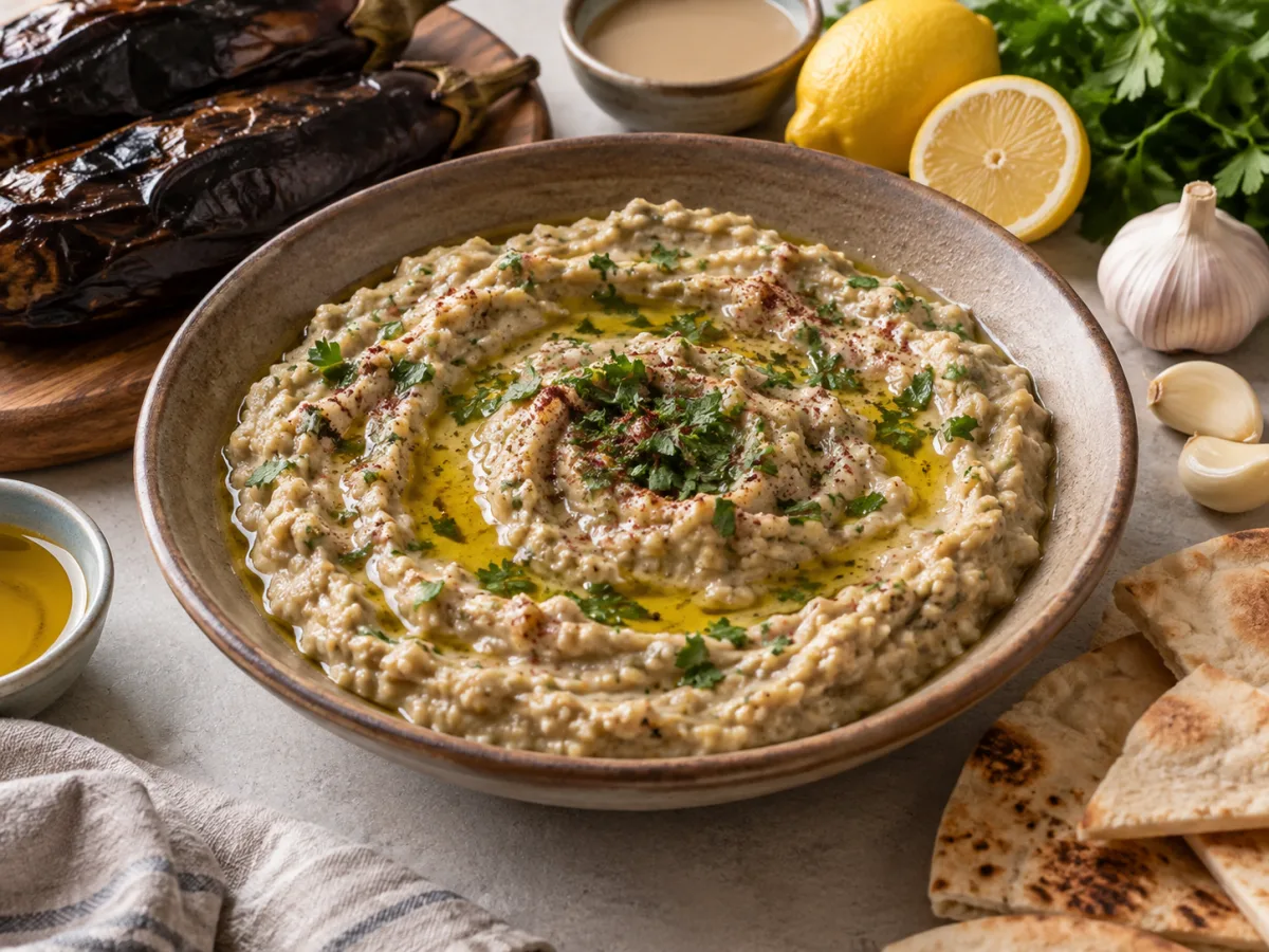 Lebanese Smoky Roasted Eggplant Dip (Baba Ganoush) served and ready to eat