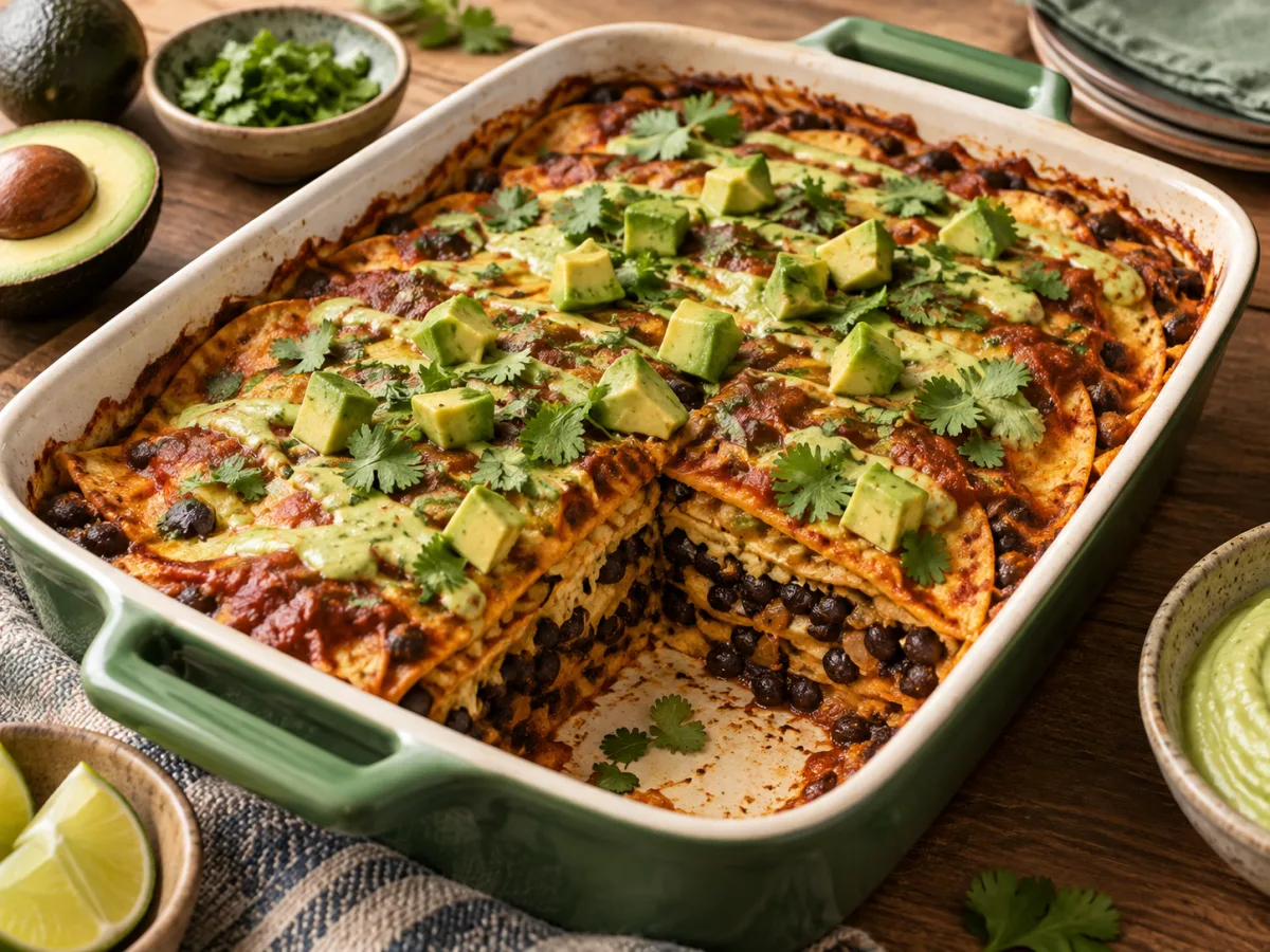 Mexican Creamy Black Bean & Avocado Enchilada Bake served and ready to eat