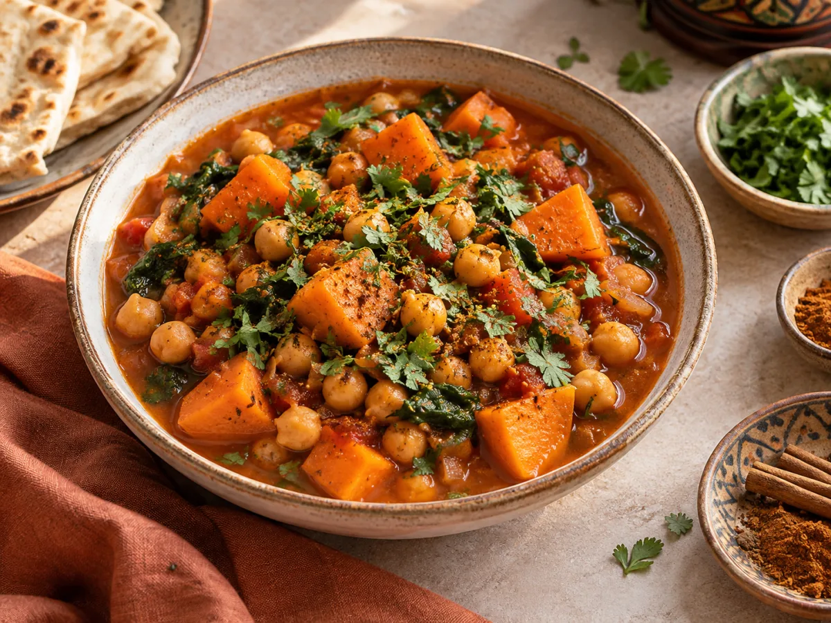 Moroccan Spiced Chickpea & Sweet Potato Stew served and ready to eat