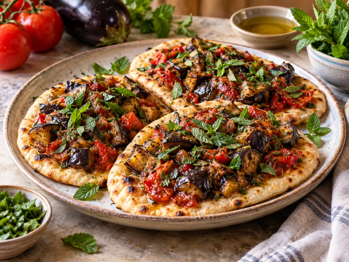 Roasted Vegan Turkish Eggplant Tomato Mint Flatbreads