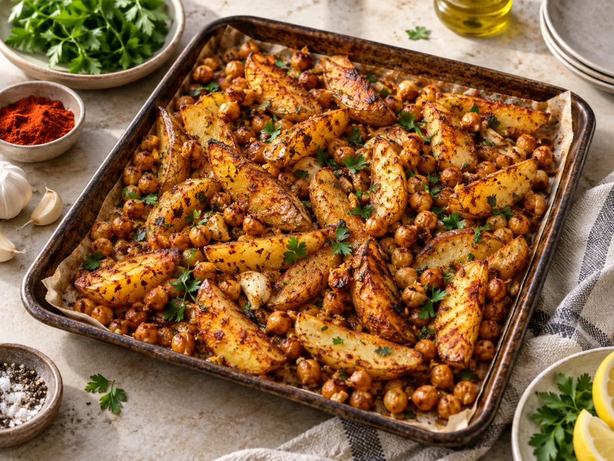 Spanish Smoky Potato & Chickpea Traybake served and ready to eat