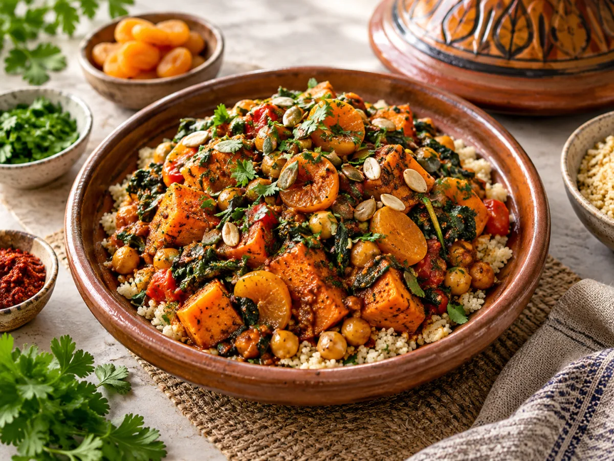 Stir-Fried Vegan Moroccan Sweet Potato Harissa Apricot Tagine Bowls