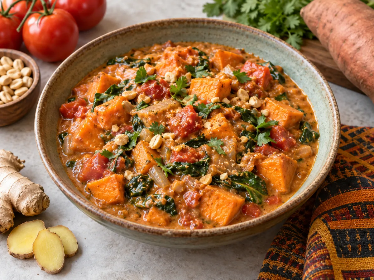 Stir-Fried Vegan West African Peanut Sweet Potato Ginger Tomato Stews