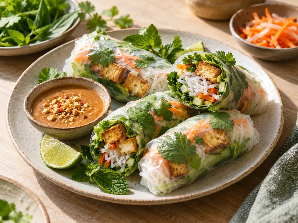 Vietnamese Crispy Tofu Spring Rolls served and ready to eat