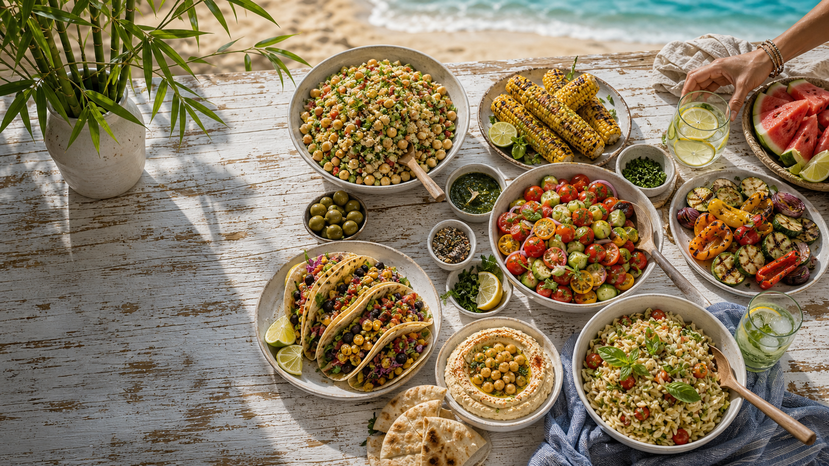 A summer table filled with colorful vegan dishes